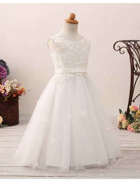 Unique Long Tulle Corset Flower Girl Dress with Lace Bodice For Teens