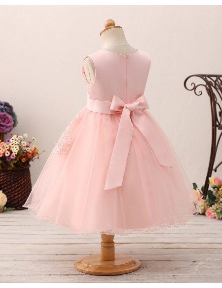 Cute Pink Short Lace Tulle Flower Girl Dress For Crystal Beading