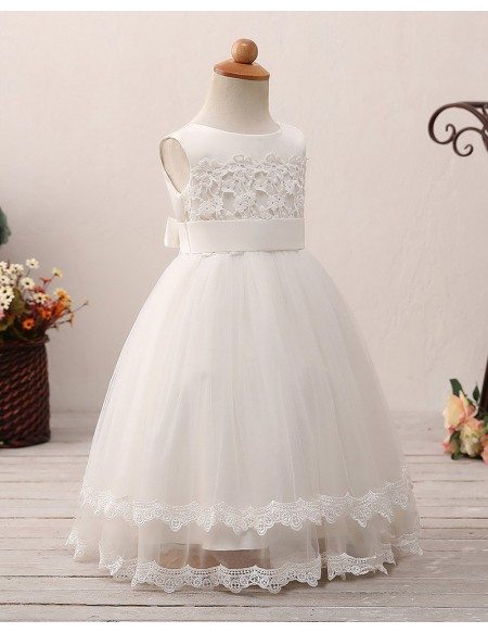 Elegant Layered White Flower Girl Dress with Lace Trim