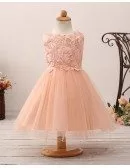 Coral Short Tulle Flower Girl Dress with Applique Bodice