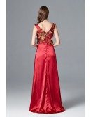 Split Red Scoop Neck Formal Dress Long With Yellow Bodice