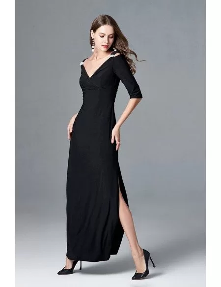 Elegant Black Long Slit V Neck Formal Dress With 1/2 Sleeves