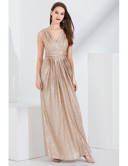 Sparkly Gold Sequin Pleated V Neck Evening Dress In Floor Length