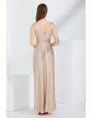 Sparkly Gold Sequin Pleated V Neck Evening Dress In Floor Length
