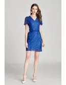 Blue Lace V Neck Short Party Dress With Sash Sleeves
