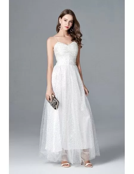 Sequin Tulle Long White Prom Dress With Spaghetti Straps