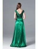 Cap Sleeve Split Long Green Evening Dress With Lace Beading Bodice