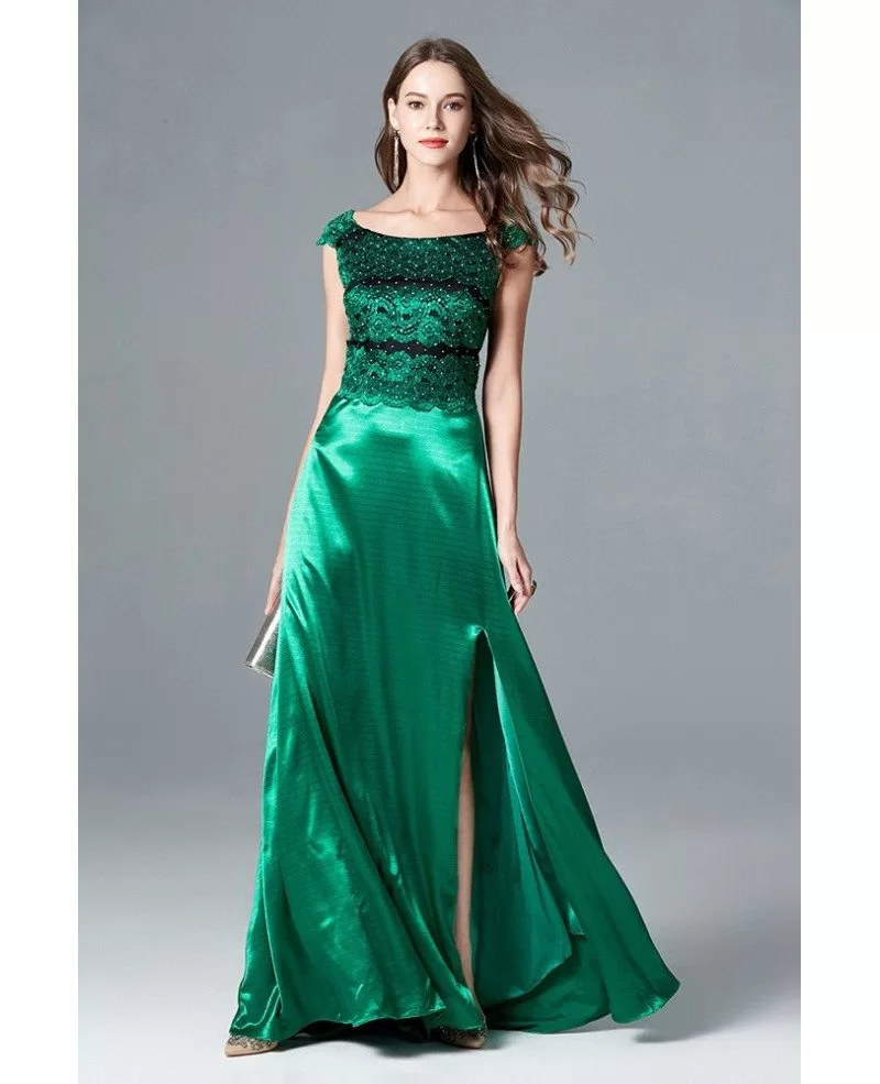 Cap Sleeve Split Long Green Evening Dress With Lace Beading Bodice # ...