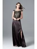 Cap Sleeve Split Long Green Evening Dress With Lace Beading Bodice