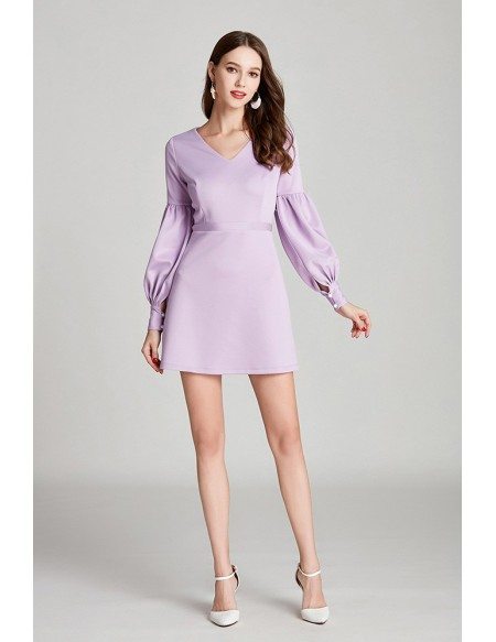 Simple Lilac Short Cotton Prom Dress With Long Bubble Sleeves