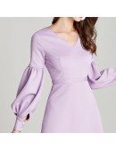 Simple Lilac Short Cotton Prom Dress With Long Bubble Sleeves