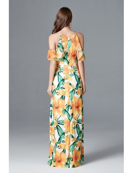 Off Shoulder Floral Print Long Yellow Prom Dress For Juniors
