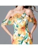 Off Shoulder Floral Print Long Yellow Prom Dress For Juniors