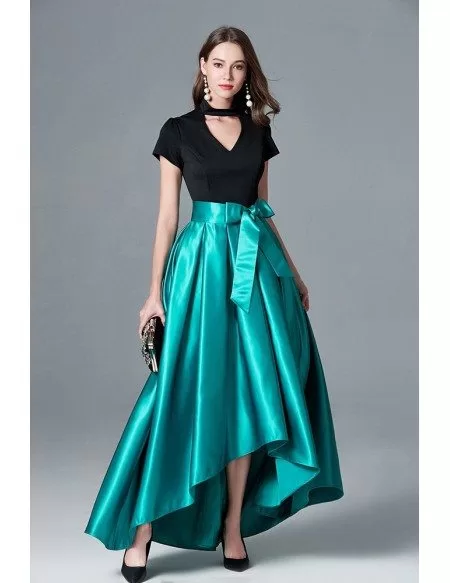 Black And Green Hi Low Formal Dress With Cap Sleeves #CK789 - GemGrace.com