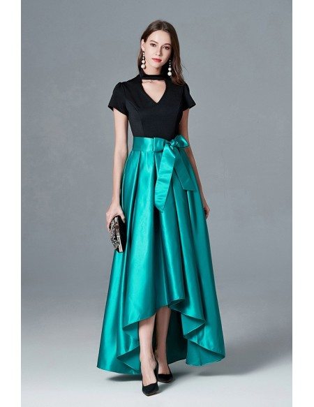 Black And Green Hi Low Formal Dress With Cap Sleeves