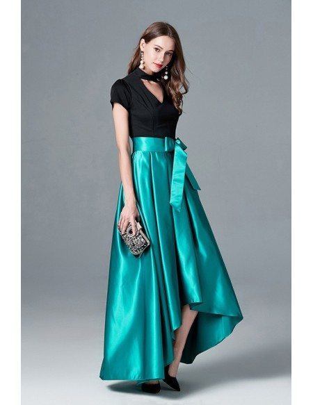 Black And Green Hi Low Formal Dress With Cap Sleeves #CK789 - GemGrace.com