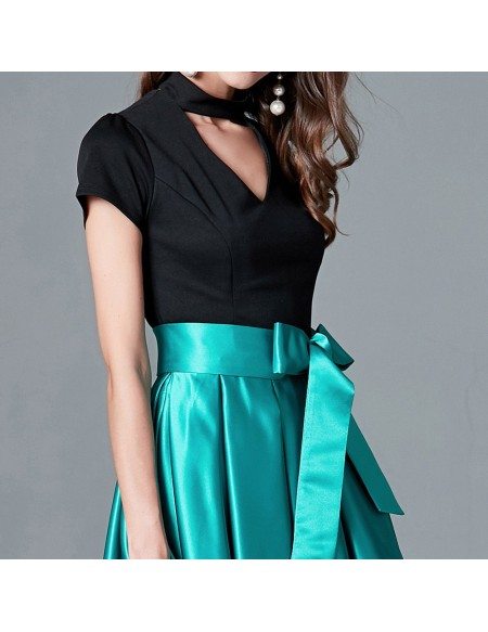 Black And Green Hi Low Formal Dress With Cap Sleeves
