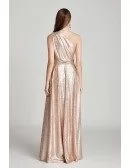 Sparkly Gold Sequin Pleated Long Formal Dress One Shoulder