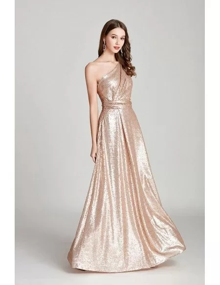 Sparkly Gold Sequin Pleated Long Formal Dress One Shoulder