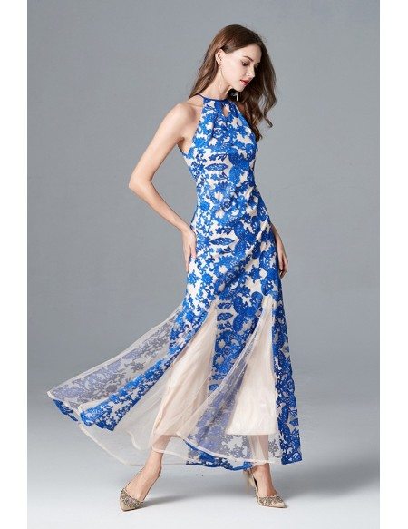 Feminine Long Slit Blue Lace Evening Dress Halter Neck