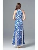 Feminine Long Slit Blue Lace Evening Dress Halter Neck