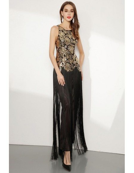 Sparkly Sequin Gold And Black Fringed Prom Dress