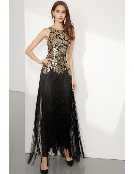 Sparkly Sequin Gold And Black Fringed Prom Dress