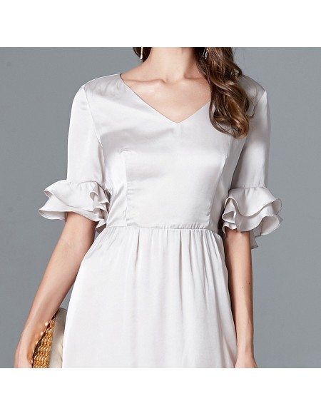 Short Silver V Neck Formal Dress With 1/2 Flare Sleeves