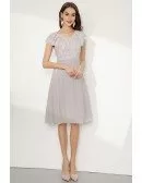 Short Grey Cap Sleeve Prom Dress With Falbala Lace Neck