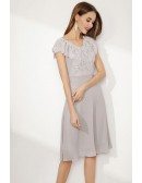 Short Grey Cap Sleeve Prom Dress With Falbala Lace Neck