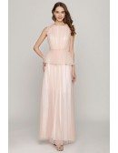 Long Peach Tulle Ruched Prom Dress For Juniors