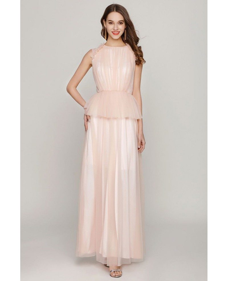 Long Peach Tulle Ruched Prom Dress For Juniors CK763