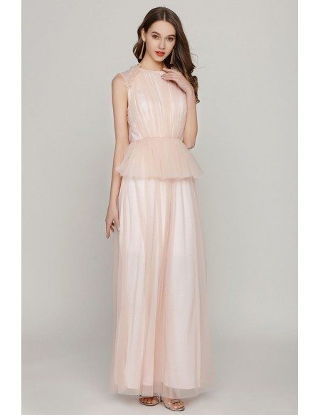 Long Peach Tulle Ruched Prom Dress For Juniors