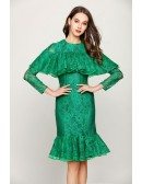 Cocktail Mermaid Green Lace Prom Dress With Ruched Sleeves
