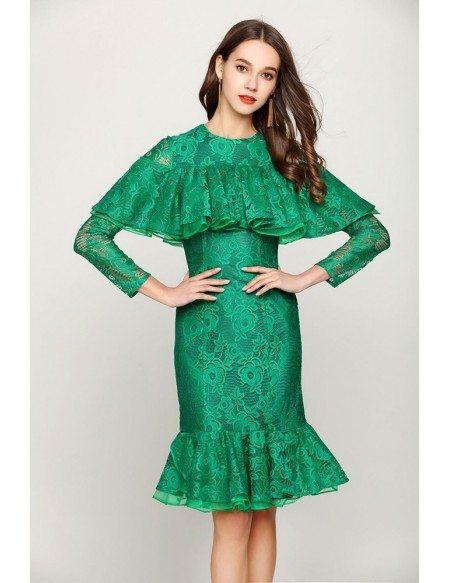 Cocktail Mermaid Green Lace Prom Dress With Ruched Sleeves