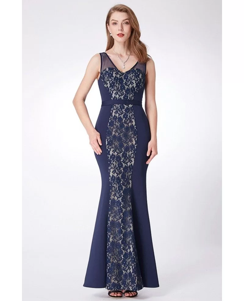 navy blue long dress with lace