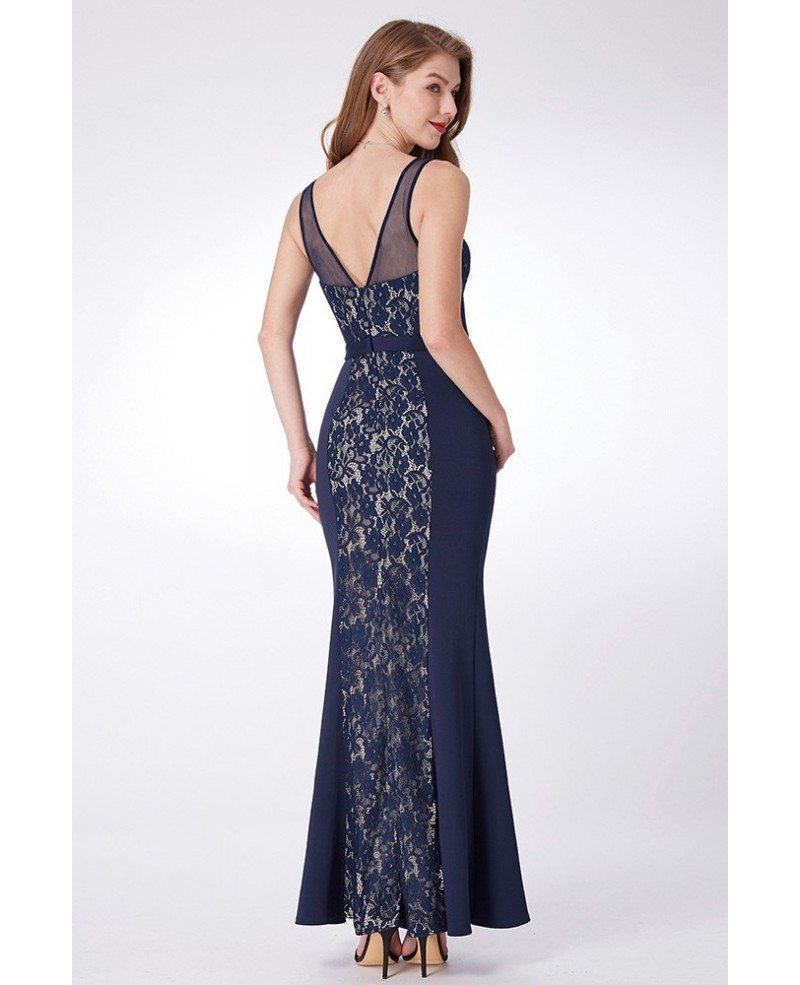 $61 Navy Blue Long Lace Fitted Formal Dress With Sweetheart #EP07277NB