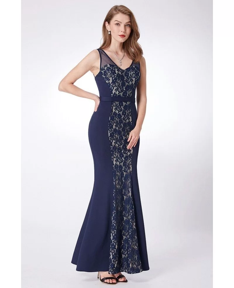 $61 Navy Blue Long Lace Fitted Formal Dress With Sweetheart #EP07277NB