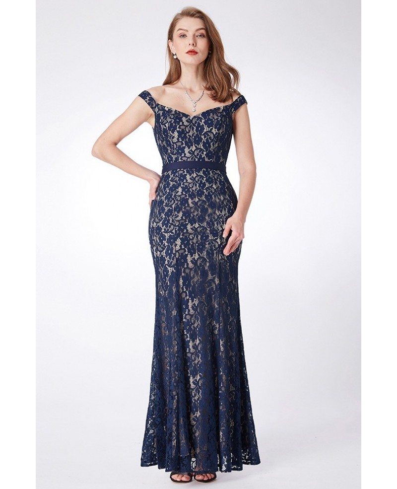 $61 All Lace Navy Blue Long Evening Dress With Off Shoulder Straps #