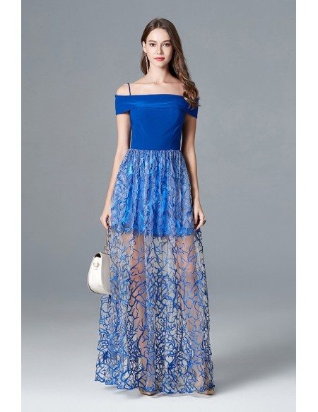 Unique Lace Blue Long Prom Dress Off The Shoulder