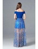 Unique Lace Blue Long Prom Dress Off The Shoulder