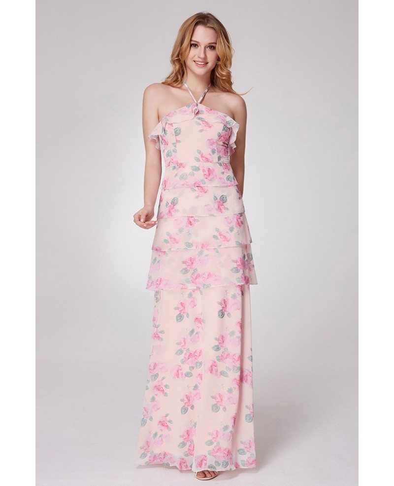 64 Elegant Rose Pink Printed Party Dress With Halter