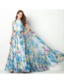 Beautiful Blue Floral Print Formal Dress With Long Cape