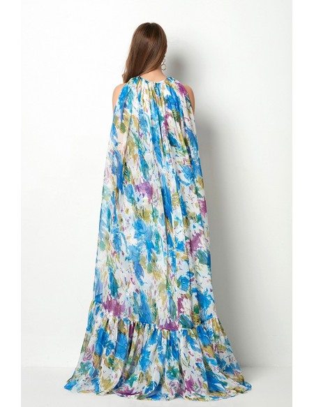 Beautiful Blue Floral Print Formal Dress With Long Cape