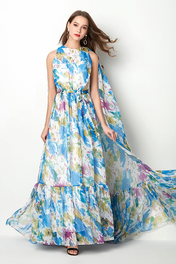 Blue Floral Printed Long dress