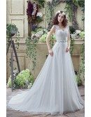 A-line V-neck Short Sleeves Chapel-train Wedding Dress