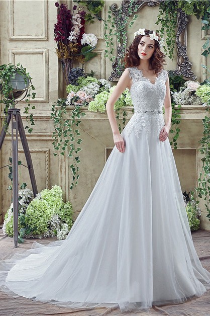 A-line V-neck Short Sleeves Chapel-train Wedding Dress #C30267 $159 ...