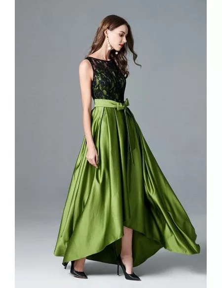 Lime Green High Low Satin Formal Dress With Black Lace Top