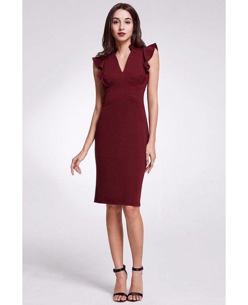 $57 Modest V Neck Burgundy Ruched Formal Dress In Knee Length # ...