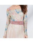 Long Slit Pink Embroidery Velvet Formal Dress With Off Shoulder Sleeves